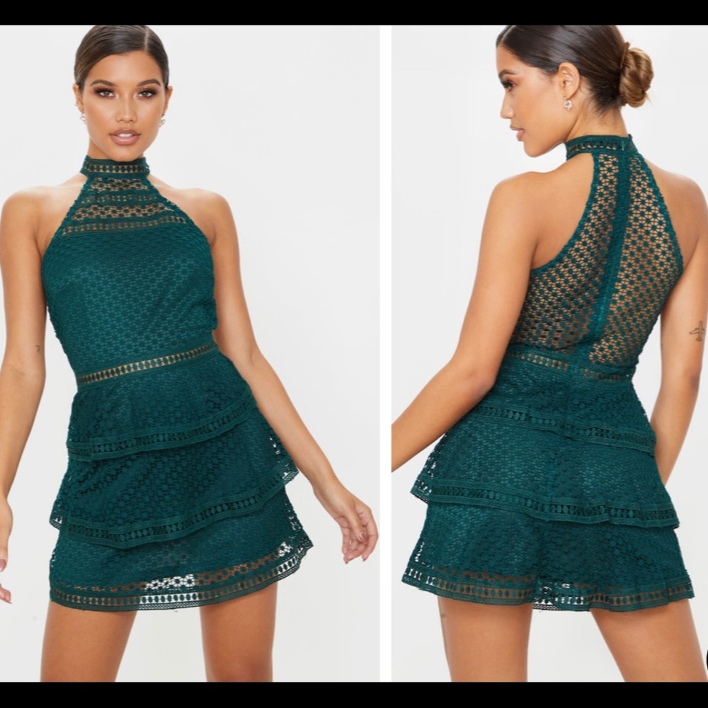 PrettyLittleThing Emerald Green Lace Panel Tiered Bodycon Dress
